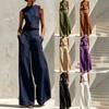 2026 Amazon Summer Europe and America Cross-border Women's Sleeveless Wide Leg Pants Set Linen Style Leisure Vacation Two-piece Set Women