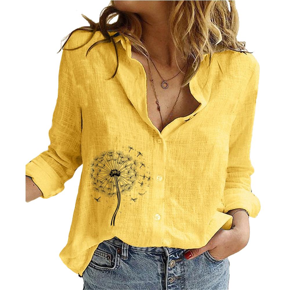 

Женская мода хлопок льняная рубашка с цветочным принтом длинный рукав топ женская повседневная стойка воротник застегивается на пуговицы блузка 5XL жёлтый