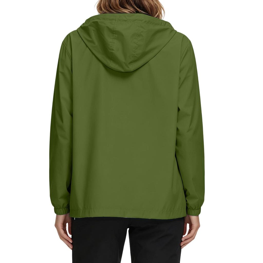 Women's Waterproof Windproof Hooded Jacket Lightweight Outdoor Raincoat Full Zip Front Pockets Adjustable Drawstring Hood
