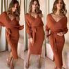 WarmJacktes Autumn Winter Women 'S Knit Solid Color Long -Sleeved V -Neck Dress Warm Bottoming Skirt