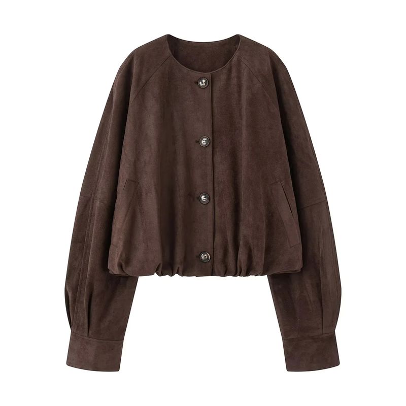 Fall Women's Clothing Balloon Hem Round Neck Long Sleeves Suede Textured Leather Jacket Outwear 3322043