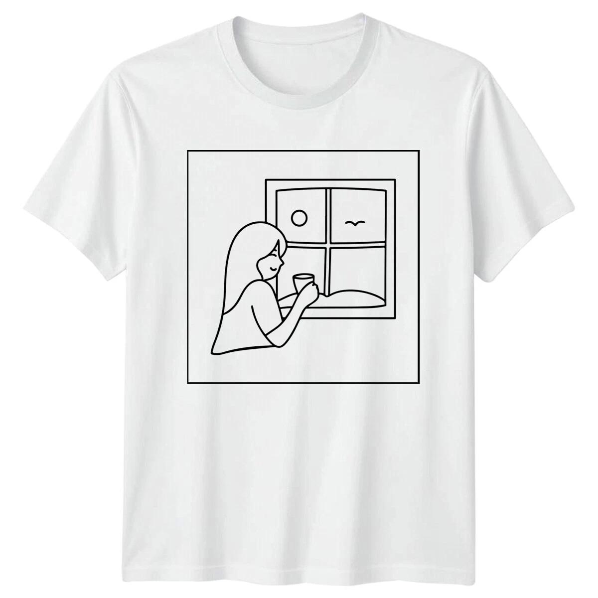 Girl At Window Drinking Coffee Hobbies Mens T-Shirt Ladies Tee Graphic Top XXL