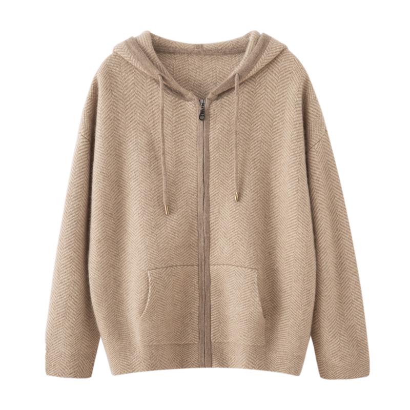 Women's Cashmere Hooded Pullover - Loose, Versatile Knit Zipper Hoodie for Autumn/Winter Casual Wear