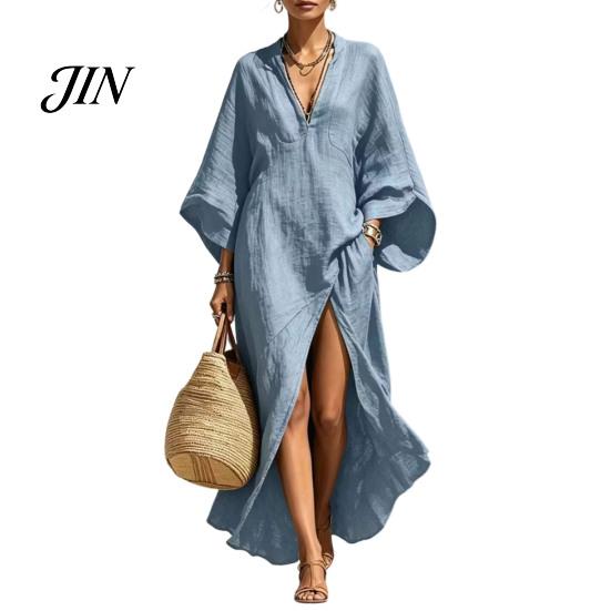 Breathable Casual Dress Women's Cotton Linen Maxi Dress, V Neck Batwing Sleeve Comfortable Daily Wear High Split Loose Beach Sundress with Pockets