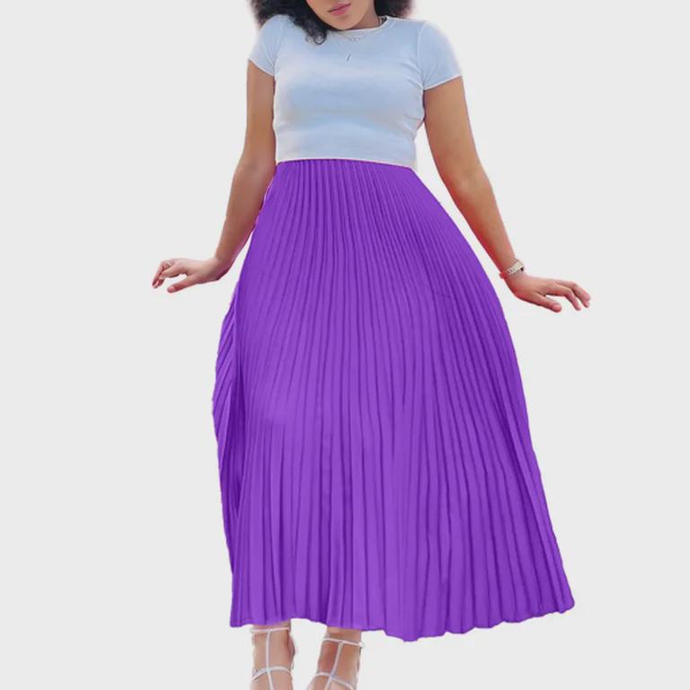 2022 Autumn Plus Size Women's Pleated Maxi Skirt – Solid Color, High Waist, European & American Style
