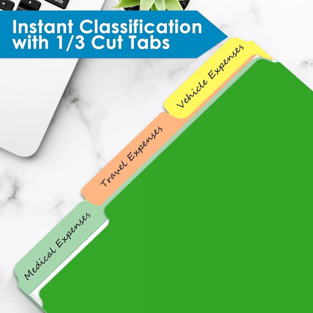 Two Tone Color File Folders 8.5 x 11 Inch, 1/3 Cut Tab File Folders Letter Size, Assorted Colors, Blue Red Green Yellow Orange Manila File Folders,