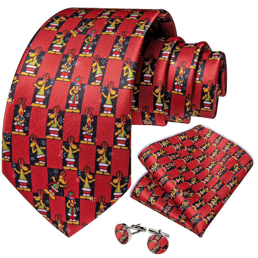 Dibangu Christmas Men's Tie Set Red Green Santa Claus Animal Tree Silk Juaquard Hanky Cufflinks Set Gift for Men