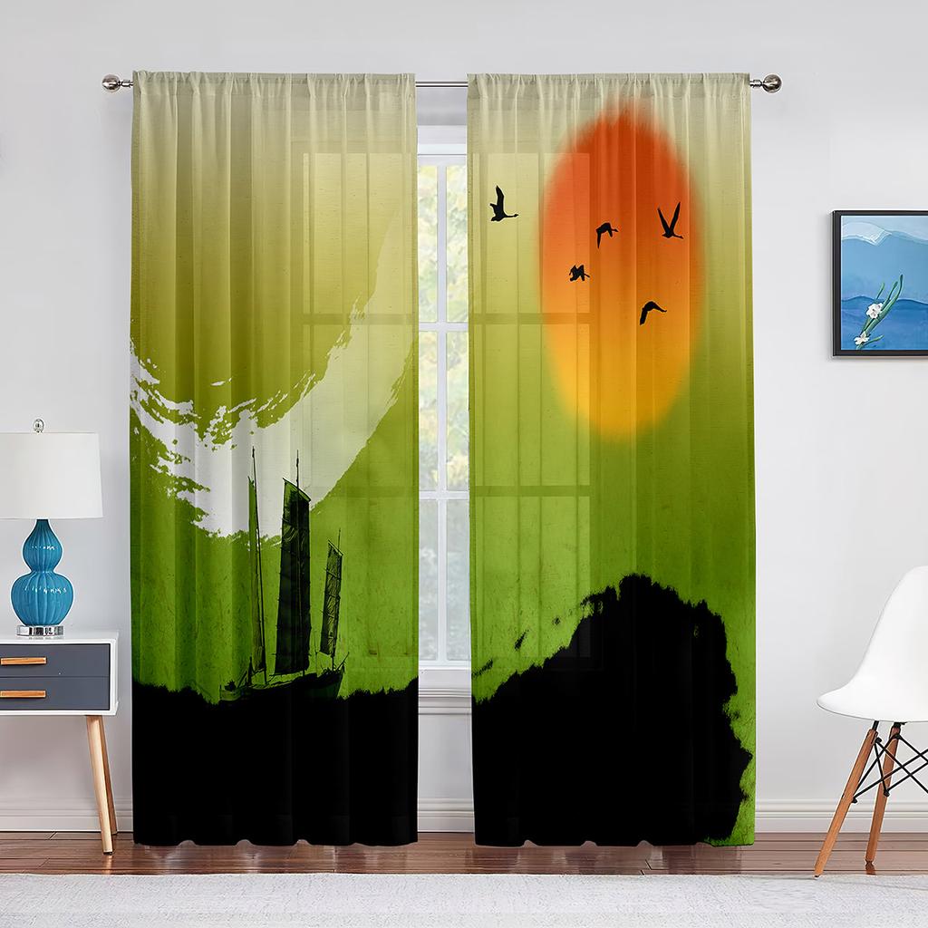 Birds On Branch Cherry Blossom Ink Painting Tulle Voile Curtains for Bedroom Window Curtain for Living Room Sheer Curtain Drapes
