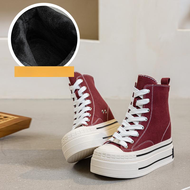 12CM Women's Canvas High Top Sneakers Casual Lace Up Sneakers For Woman Spring Autumn Shoes Winter Warm High Heels Sneaker Shoes