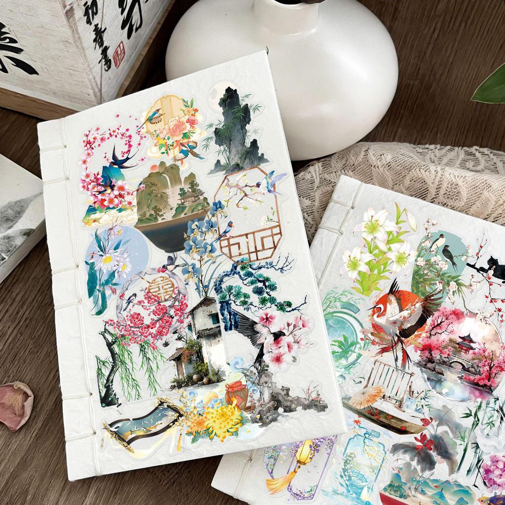 50 Sheets Chinese-Style Transparent Stickers: Elegant Ancient Graffiti for Crafts, Storage Boxes, Notebooks, and Envelopes.