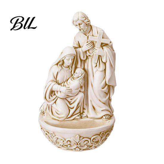 Religious Figurine Holy Water Font, Resin Saint Joseph Mary with Jesus Christ Figurine, Catholic Devotional Gift Container, Gifts for Office, A