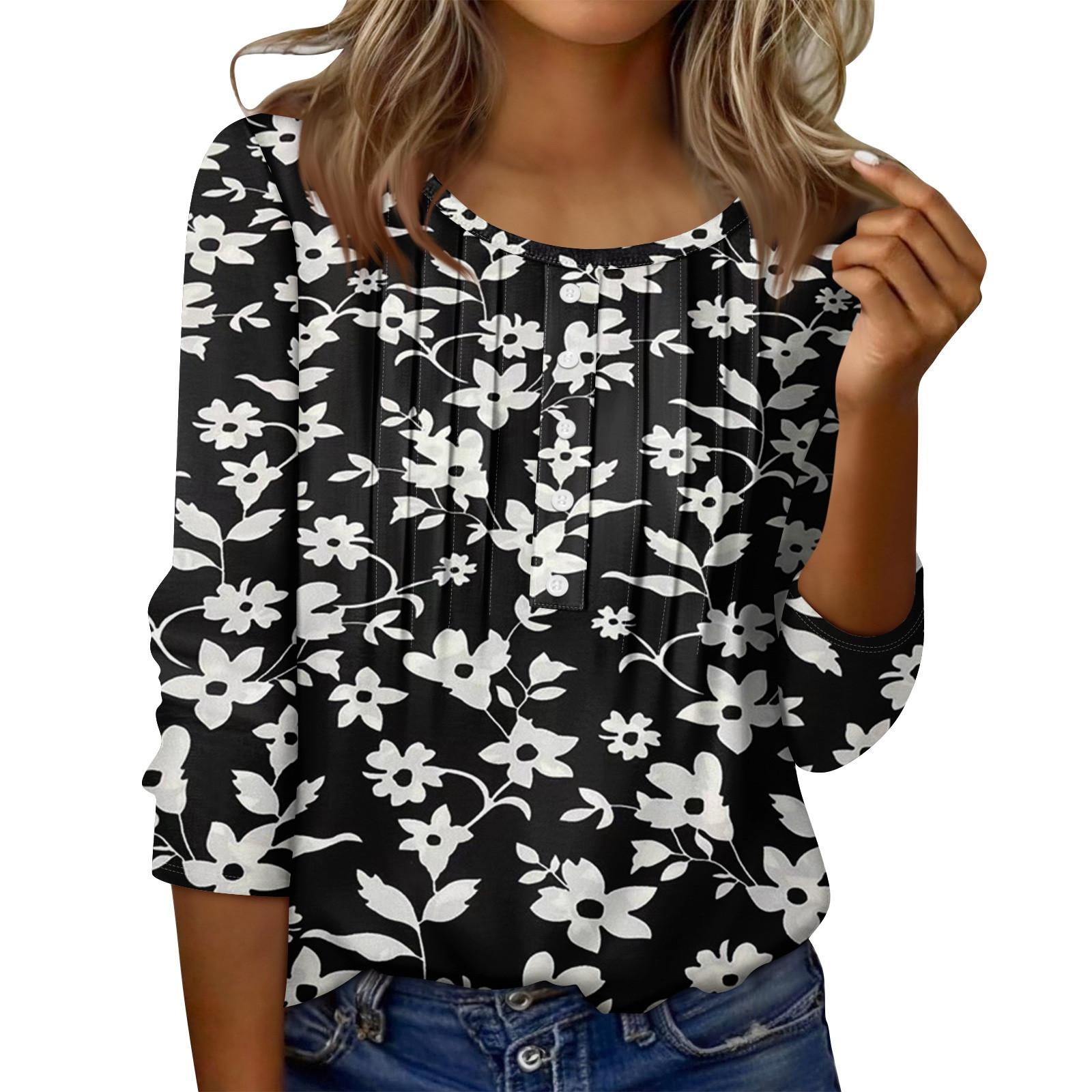 

Women s Round Neck Pull Stripe Decorative Button Top Casual Solid Color 3/4 Sleeve T Shirt L