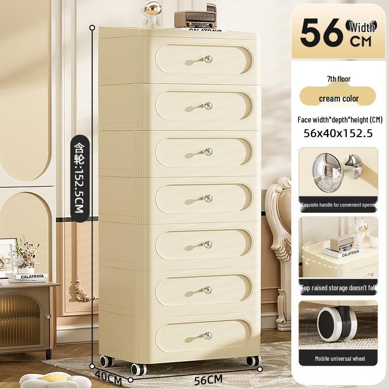 Cream Style Plastic Storage Cabinet: Thick Drawer-Type Bedside Table for Bedroom or Living Room Snack Storage.