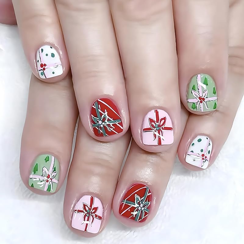 Christmas Press On Nails Medium Square Fake Nails with Gold Snowflake Christmas Tree Designs Xmas Red False Nail Acrylic Winter Snow Stick On Nail