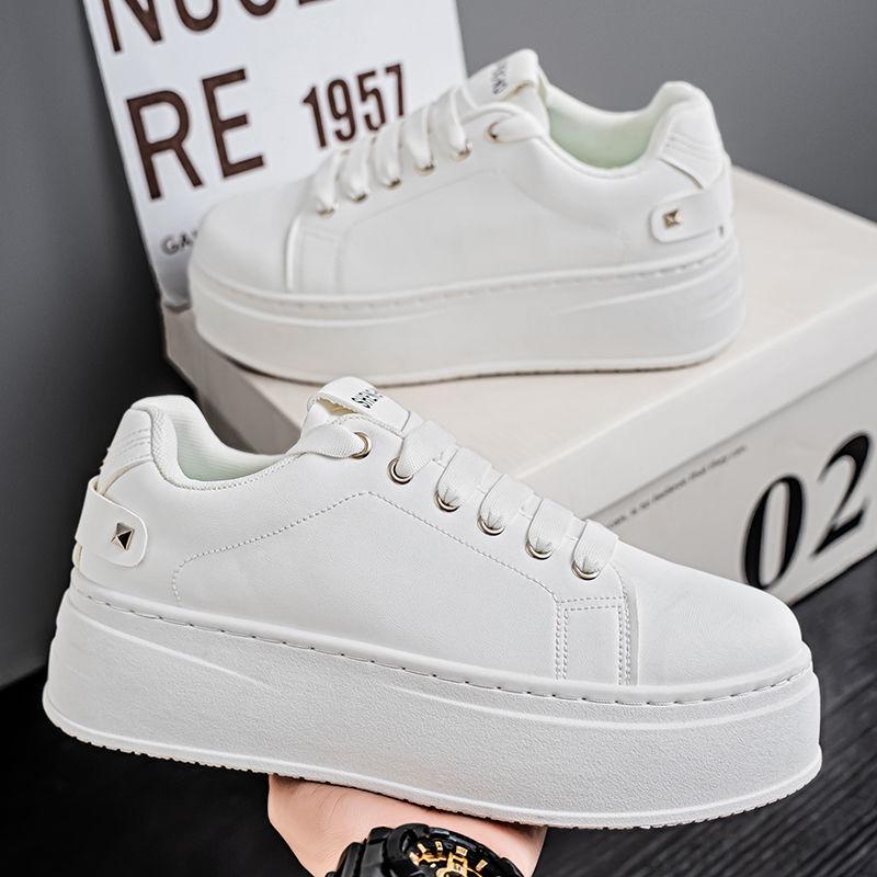 Męskie Wiosenne Oddychające Białe Sneakersy, Casualowe Buty Skate na Grubej Podeszwie Podwyższające Wzrost