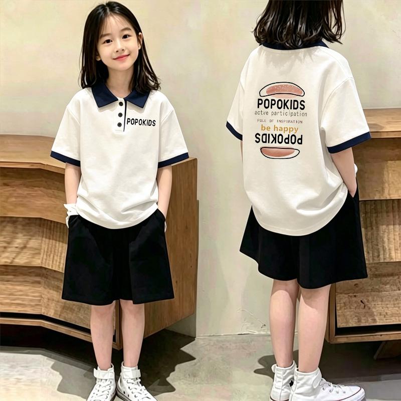 Korean Girls' Casual Loose Fit Short-Sleeve Polo T-Shirt Set - Summer Fashion Patchwork for Medium and Large Children