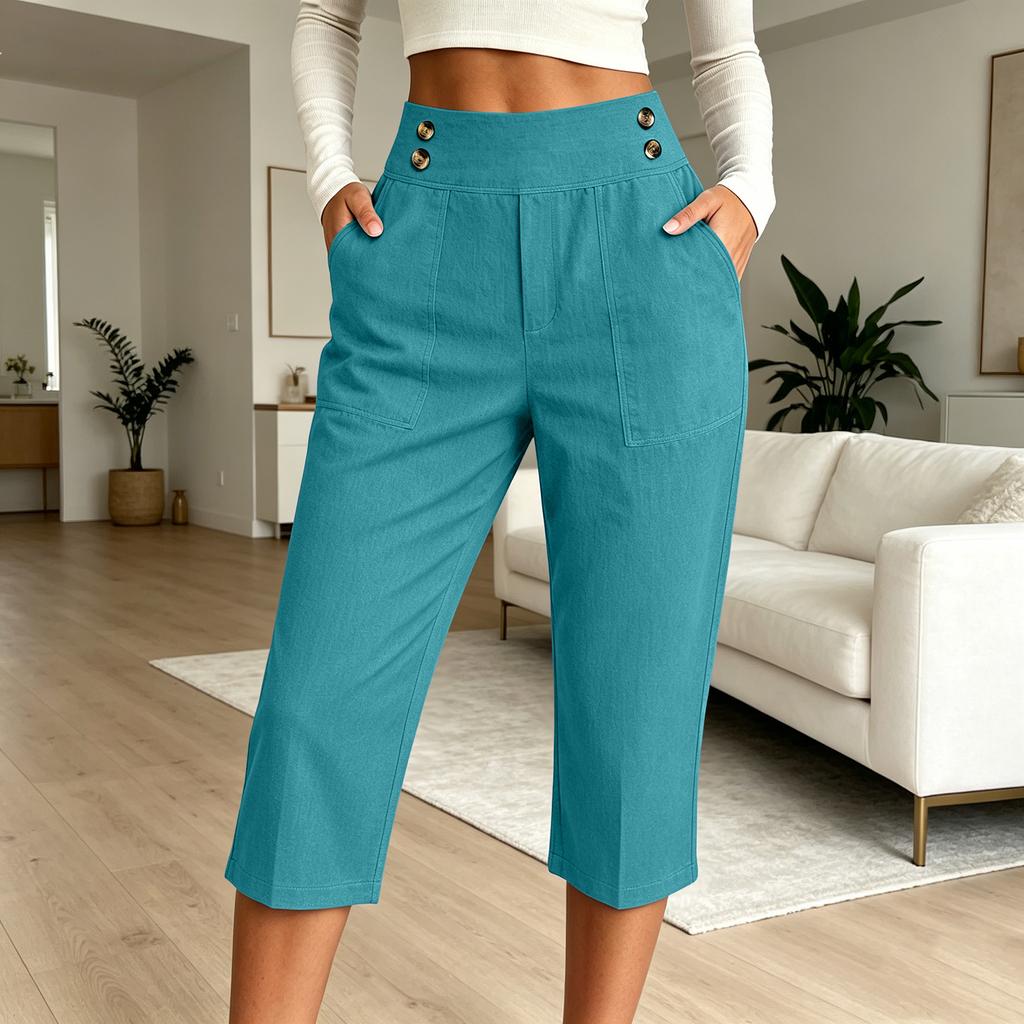 Women's Loose Fit Straight Leg Elastic Waistband Beach Capri Pants Casual Cropped Trousers with Button Detail and Side Pockets