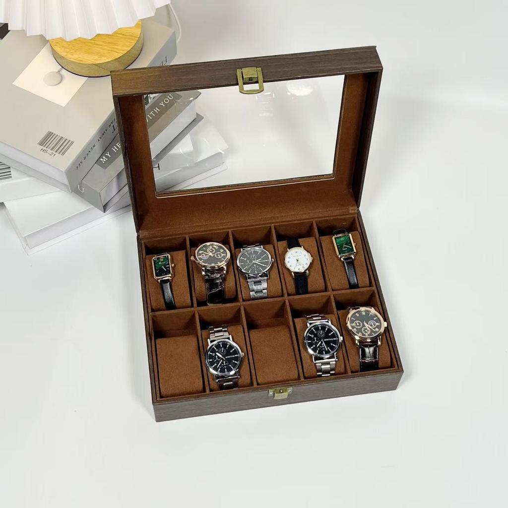 10-Bit Wood Grain Leather Watch Box with Dustproof Glass Cover