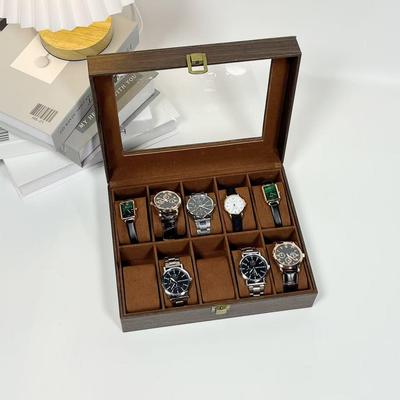 10-Bit Wood Grain Leather Watch Box with Dustproof Glass Cover