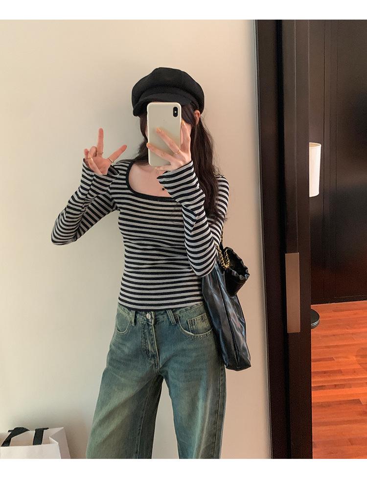 Korean Square Neck Flare Sleeve Slimming Retro Striped Long Sleeve Top for Women