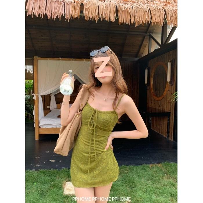 Green fresh suspender dress women's summer atmosphere lace-up tube top is beautiful, slim and thin, hip-wrapped short skirt