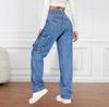 American Retro Mid-waist Multi-pocket Cargo Pants Jeans, Women's Casual Loose Straight Long Pants, Patchwork Jeans,Spring Autumn