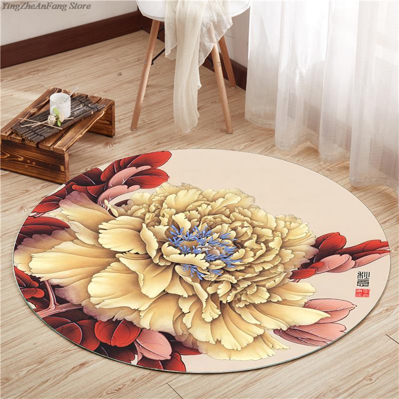 Rond Chinese Stijl Lotus Tapijt Chinese Schilderkunst Kunst Geprint Tapijt Woonkamer Slaapkamer Decoratie Tapijt Bedside Antislip Vloermat