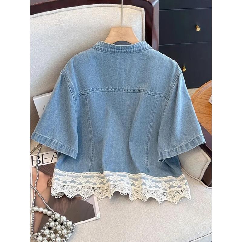 Blue Spliced Lace Short-sleeved Denim Jacket for Women Summer Thin New Casual Versatile Top