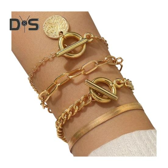 

4 шт./комплект женский браслет в стиле хип-хоп цепочка из змеиной кости полая круглая цепочка с подвеской регулируемый золотистый цвет полированный комплект из 4 предметов комплект наручных украшений