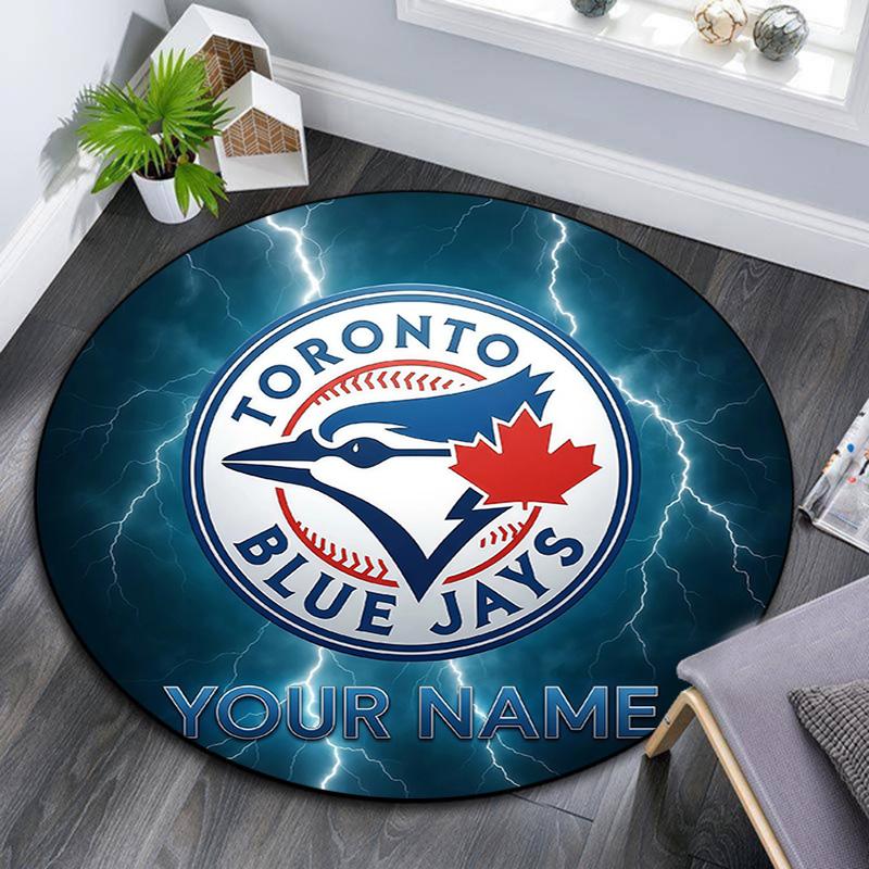 Custom Name Toronto Blue Jays Round Area Rug,Carpet Rug for Living Room Bedroom Sofa Playroom Decor,Non-slip Floor Mat
