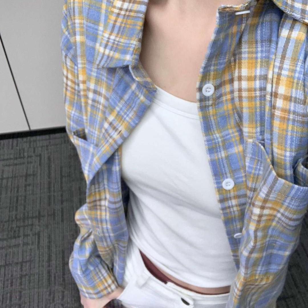 

Retro Distressed Plaid Cardigan: Yellow & Blue Unisex Frayed Long Sleeve Jacket 2025 Design M [Recommended for up to 105 lbs]