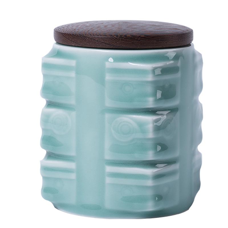 Modern Square Blue Ceramic Tea Canister with Wooden Lid Household Sealed Moisture-Proof Storage Jar Simple Coffee Bean Candy Jar
