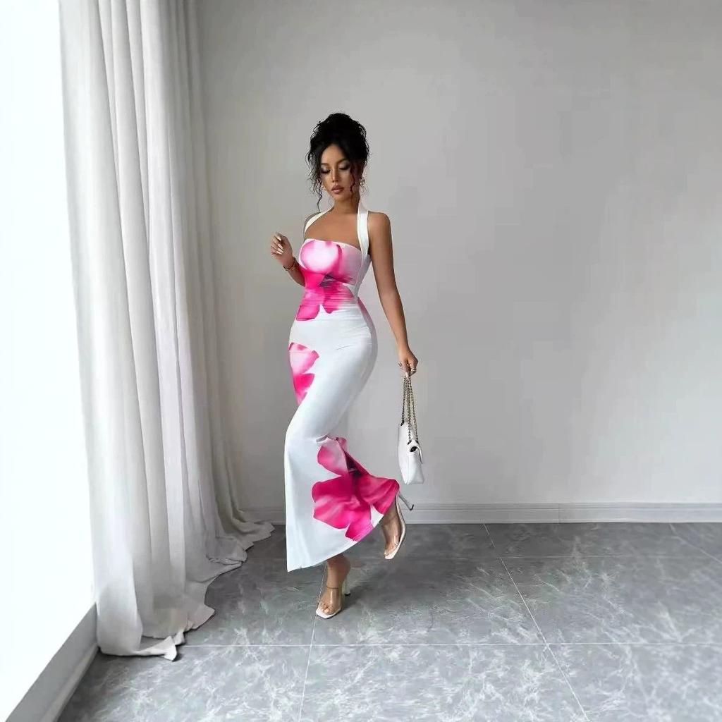 2026 Summer Neck Print Dress Women's, Backless Slim-fitting Buttocks Fishtail Dress
