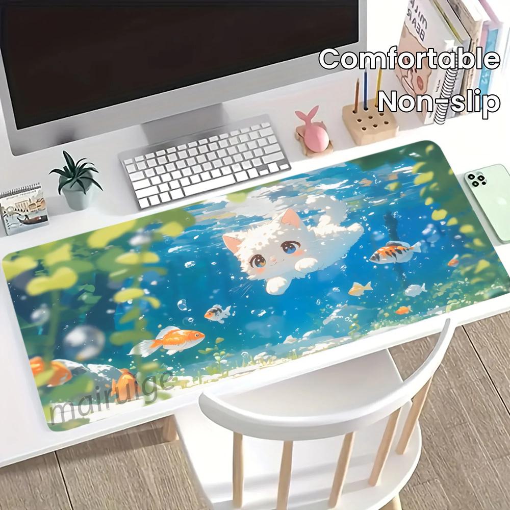 Cute Cat Mouse Pad Large Computer Office Game Table Mat 90x40 XXL Rubber Non-slip Stitched Edge Keyboard Mats Washable Desk Pads