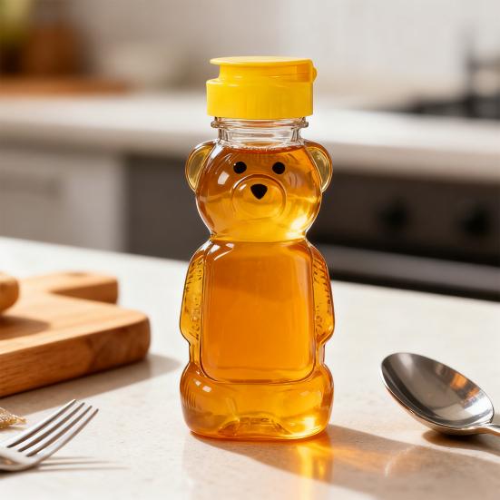 240ml Plastic Bear Honey Bottle Jars Empty Honey Squeeze Container with Flip-lid Reusable Bear Shaped Juice Bottle for Syrup Sauce Storing Dispensing