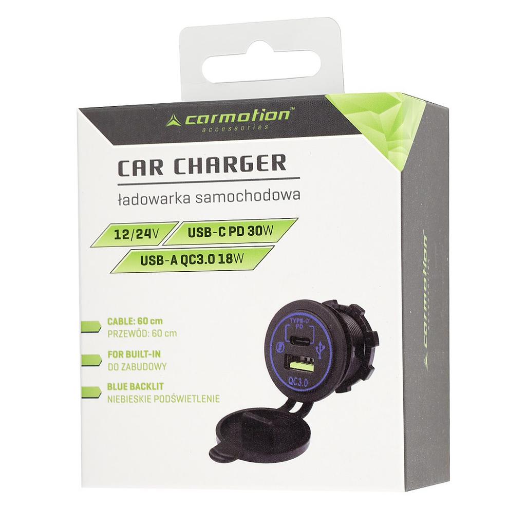Ładowarka do zabudowy USB-C PD 30W + USB QC3.0 18W + przewody 60 cm, zasilanie 12/24V