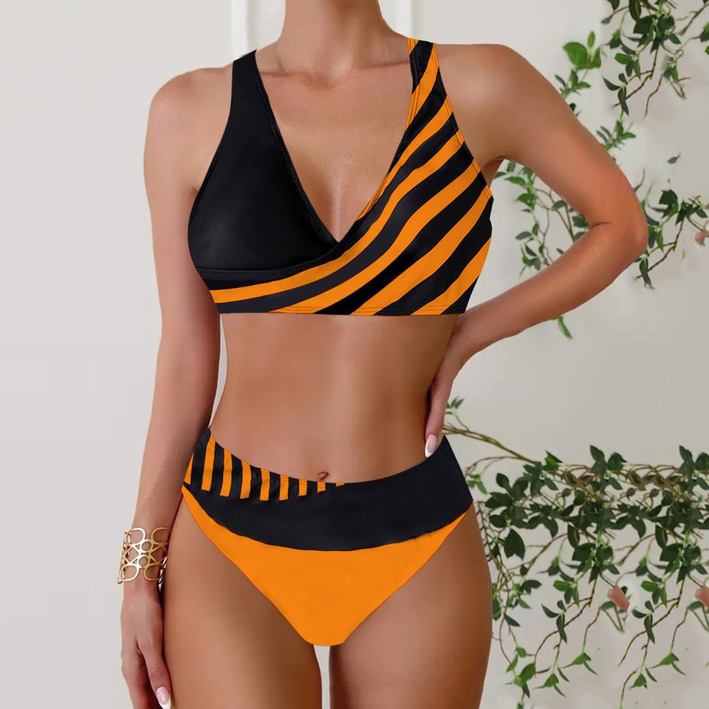 Women's Halter Half Edge Stripe Print Bikini Tankini Swimsuit