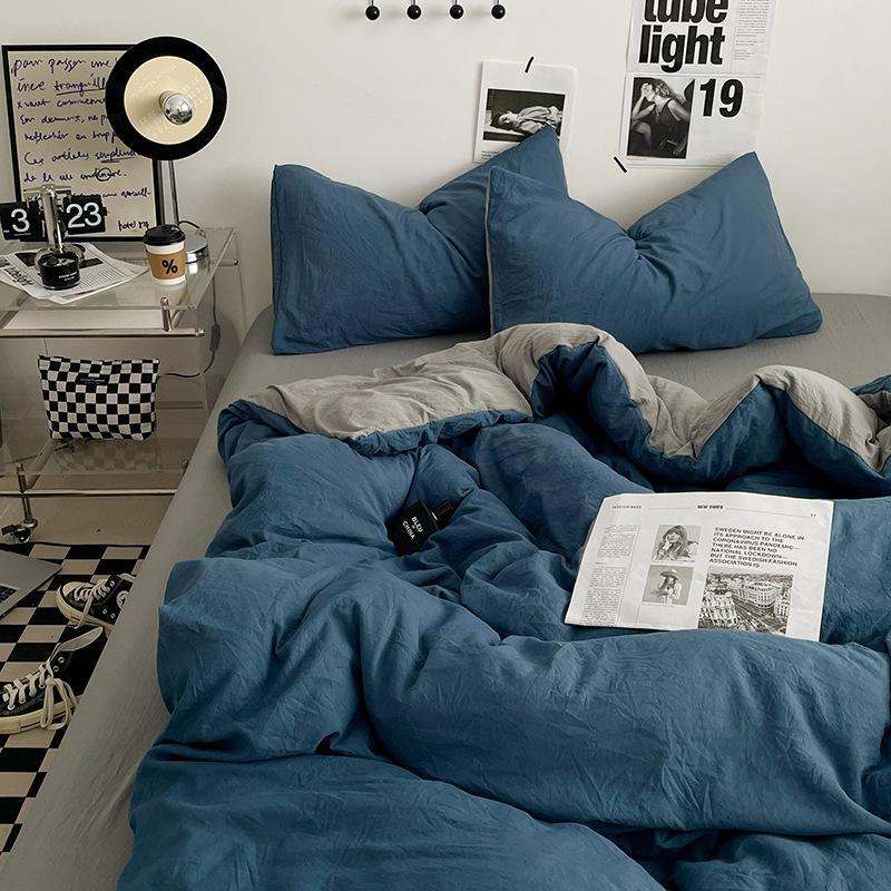 Bed Sheet Quilt Cover Nude Sleeping Pure Cotton Four-piece Set Washed Cotton Soft Bed Sheet Quilt Cover Solid Color Bedding