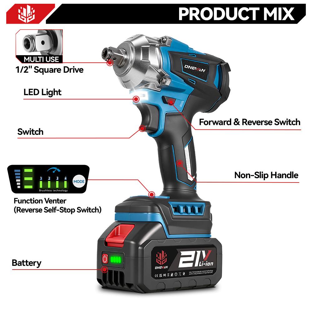 ONEVAN Brushless Electric Impact Wrench 1/2 Inch Cordless Hexs Socket Kit 3 In 1 Screwdriver Tool For Makita 18V Battery