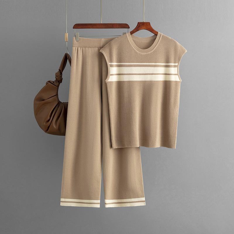 New fashion casual suit loose contrasting color striped sleeveless top + high waist wide leg trousers two-piece set