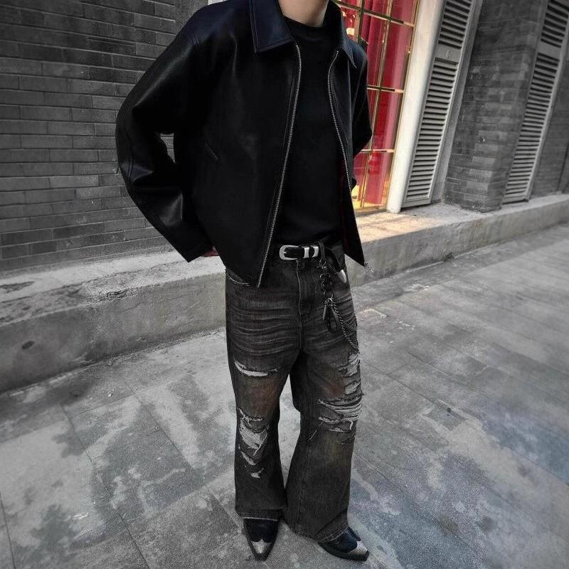 Mens Black PU Leather Jacket Short Fit Fall American Style Streetwear