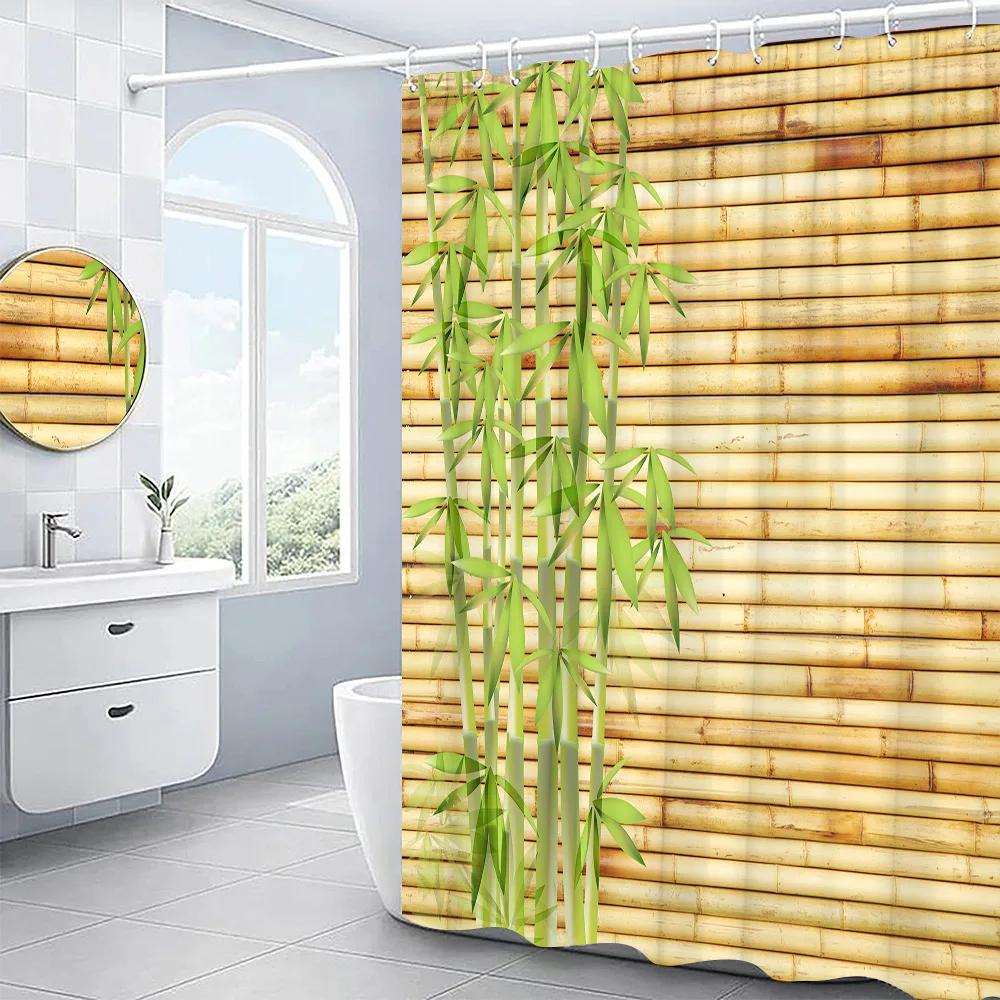 3D Bambu Duschdraperi Set Träådring Mönster Blommor Lotus Målning Badrumsdekor Polyestertyg Badskärmar Cortina Ba