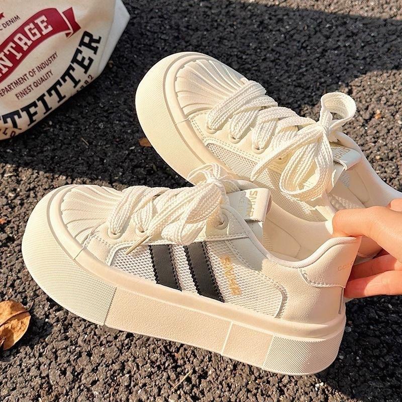 Platform White Shoes Women's 2025 New Popular Summer Mesh Shoes Women's Breathable Mesh Shoes Versatile Shell Head Board Shoes