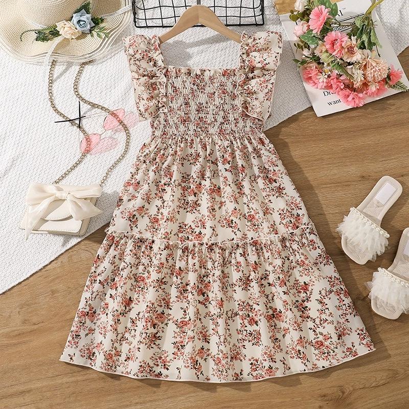

Платье без рукавов с цветочным принтом для девочки, детское, повседневное, летнее, пляжное, сарафан, платья принцессы, одежда 9Y розовый