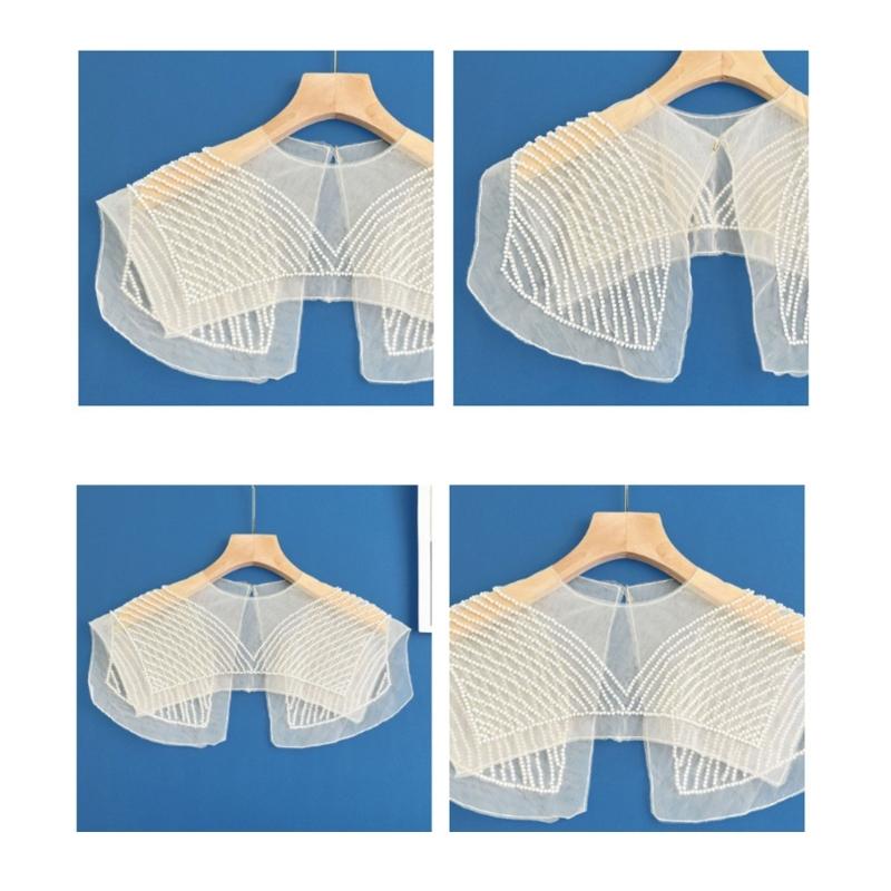 Japanese Women Girl Fake Collar Shawl Scarf Faux Pearls Beading Vintage Shoulder Wrap Sheer Organza Half Shirt Poncho