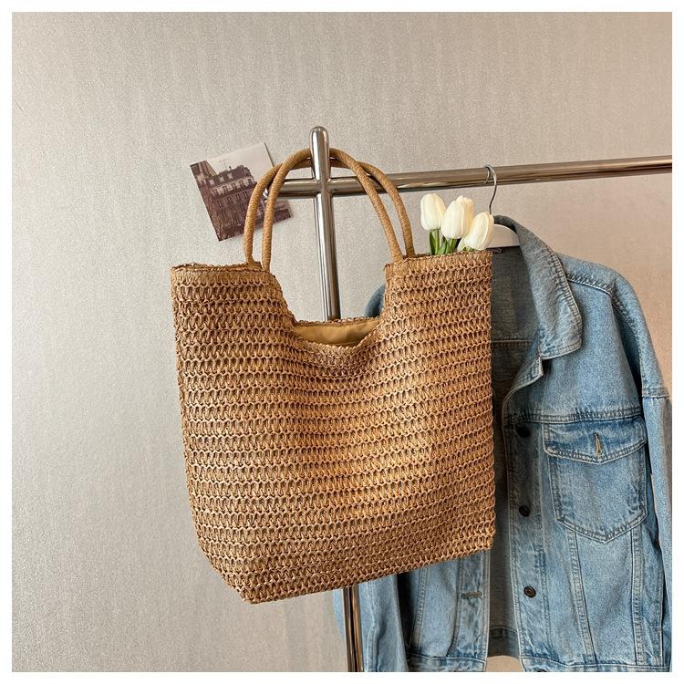 

Новая летняя отпускная сумка из плетеной соломки, женская повседневная сумка-тоут большой вместимости, темпераментная простая портативная пляжная сумка one size fits all хаки