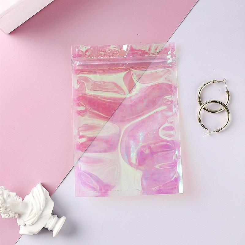 Transparent Mylar Holographic Bags Iridescent Zip Bags Cosmetic Jewelry Holographic Pouches Pink Rainbow Zipper Bags