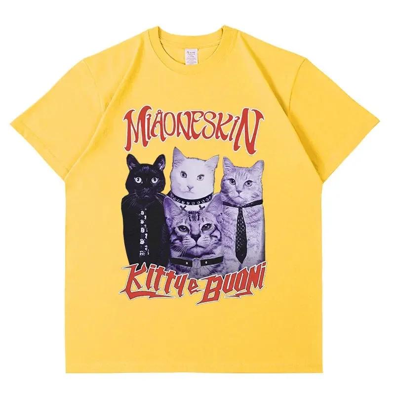 Rock band maneskin cat graphic t shirt men women vintage hip hop oversized cotton T-shirt Harajuku aesthetic T shirts streetwear
