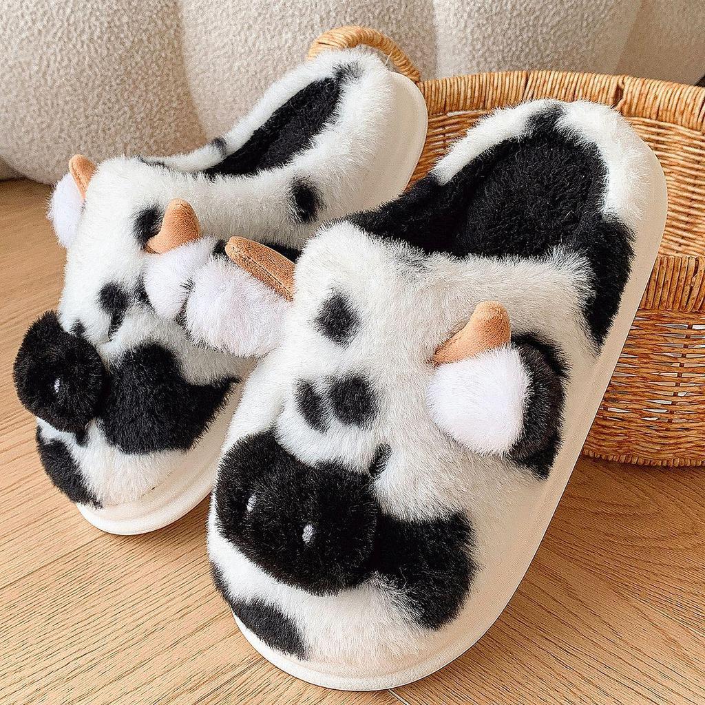 Cartoon Cow Furry Slippers with Thickened Heel, Warm Non-Slip Indoor Winter Clogs