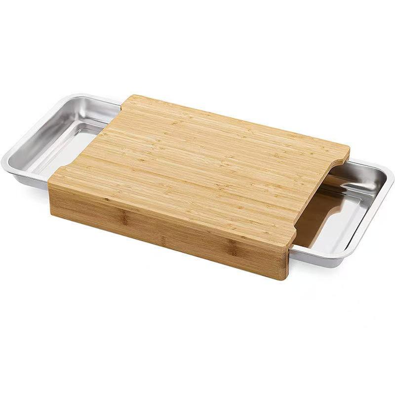 Bamboo Cutting Board with Drawer and Side Dish Plate for Vegetables, Cooked Food, Fruit, Bread, and Cheese